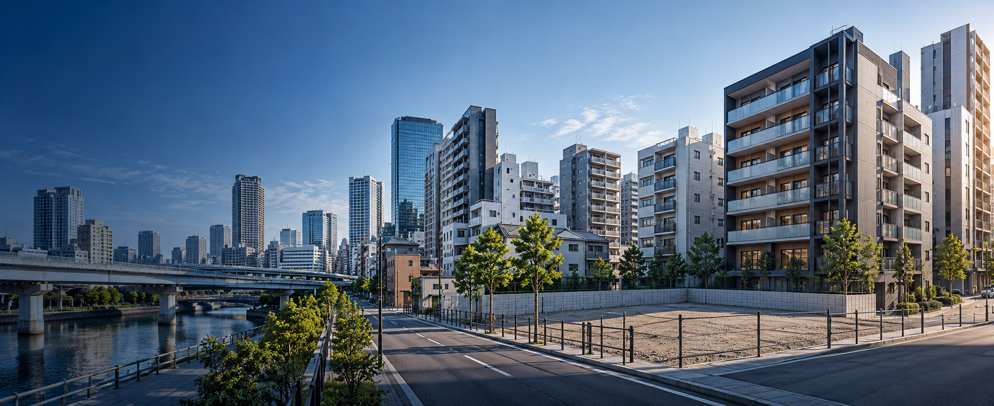 大阪の都市開発を想起させる街並みと開発用地